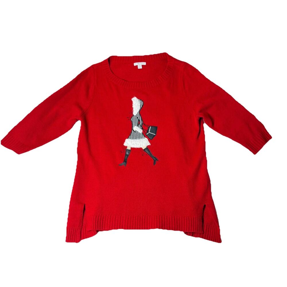 Vintage NY & Co Red Christmas Sweater XL Woman Graphic High Low Hem